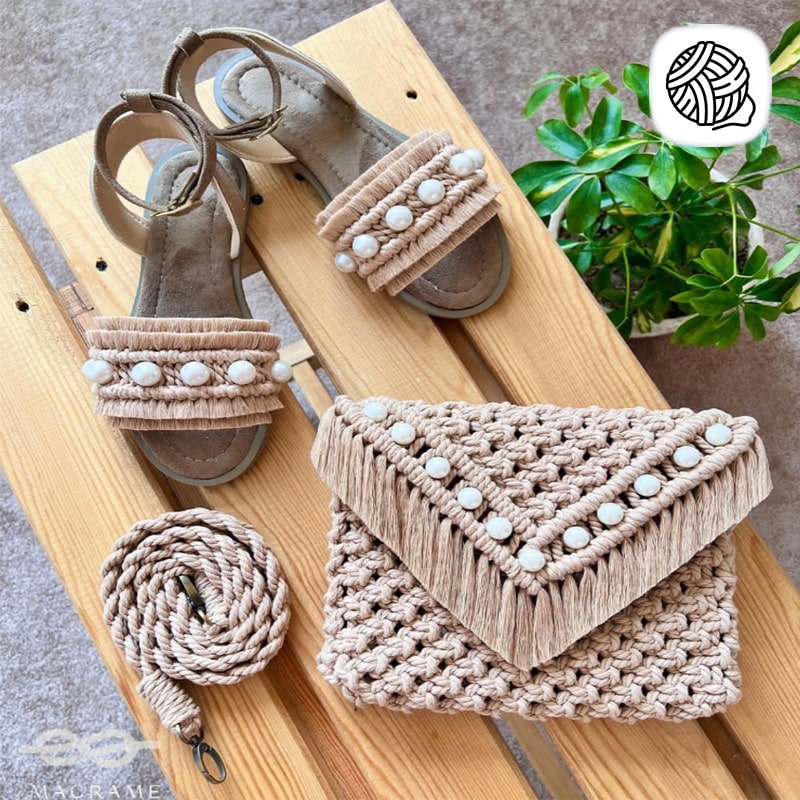 ست کیف و صندل مکرومه بافی مدل ستاره مرواریدی 01 - فروشگاه مکرومه