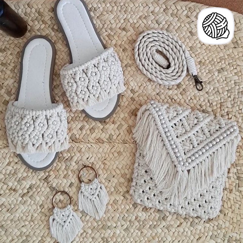 ست گوشواره،کیف و صندل مکرومه بافی مدل لوزی 02 - فروشگاه مکرومه