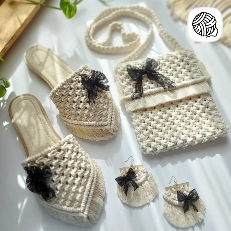 ست کیف و صندل و گوشواره زنانه مکرومه بافی مدل تابان - فروشگاه مکرومه